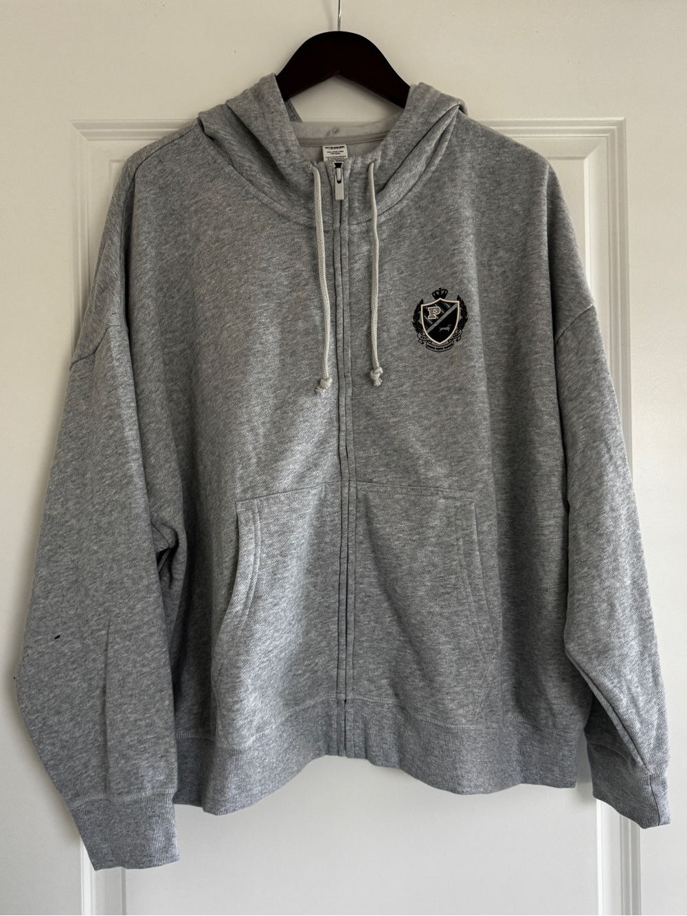 New V.S. PINK Grey Marl Varsity Logo Full Zip XXL Drawstring Hoodie